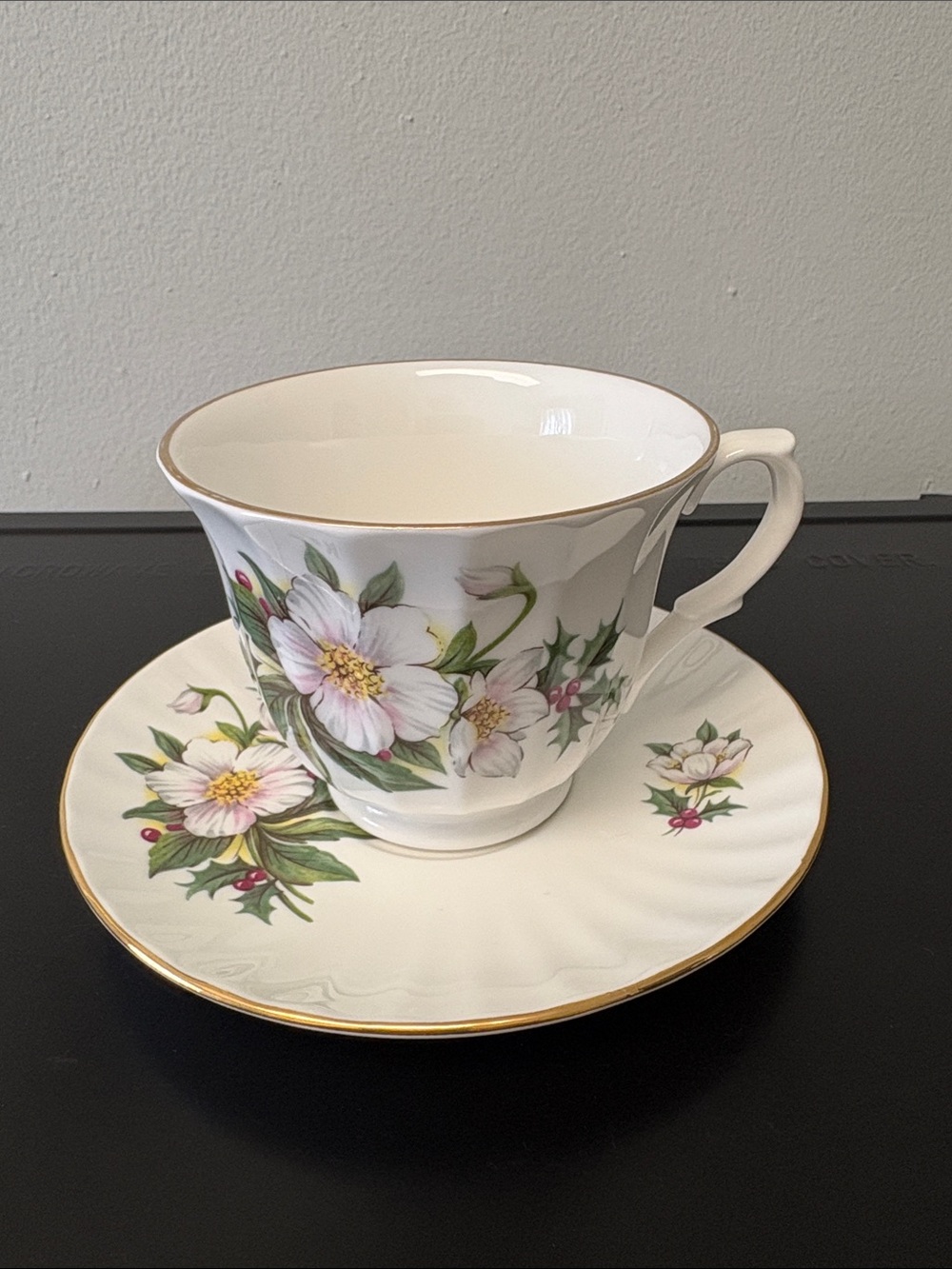 Crown Trent December Christmas Rose Fine China with Gold Trim Cup & Saucer